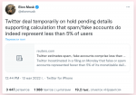 Илон Маск заявил о приостановке сделки с Twitter — он ждёт результатов проверки количества фейковых аккаунтов