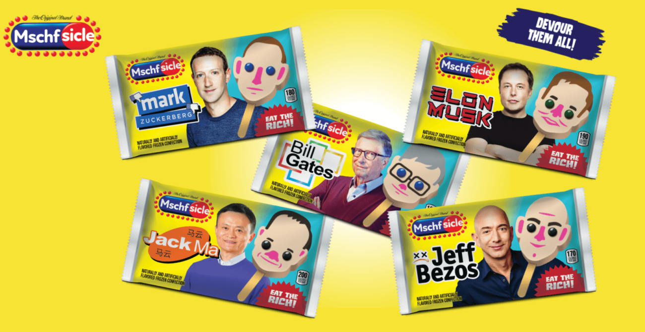 Реально «ешь богатых»: активисты выпустили мороженое в форме миллиардеров и слоганами в духе «пососи Цукца»