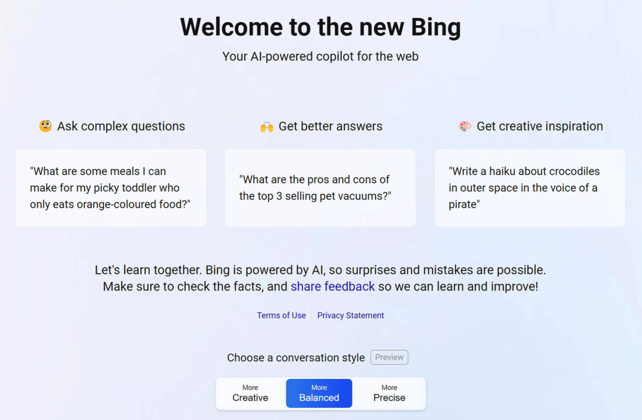 Чат-бот Bing обучили вести диалоги в трёх разных стилях — его ответы могут быть более креативными или точными